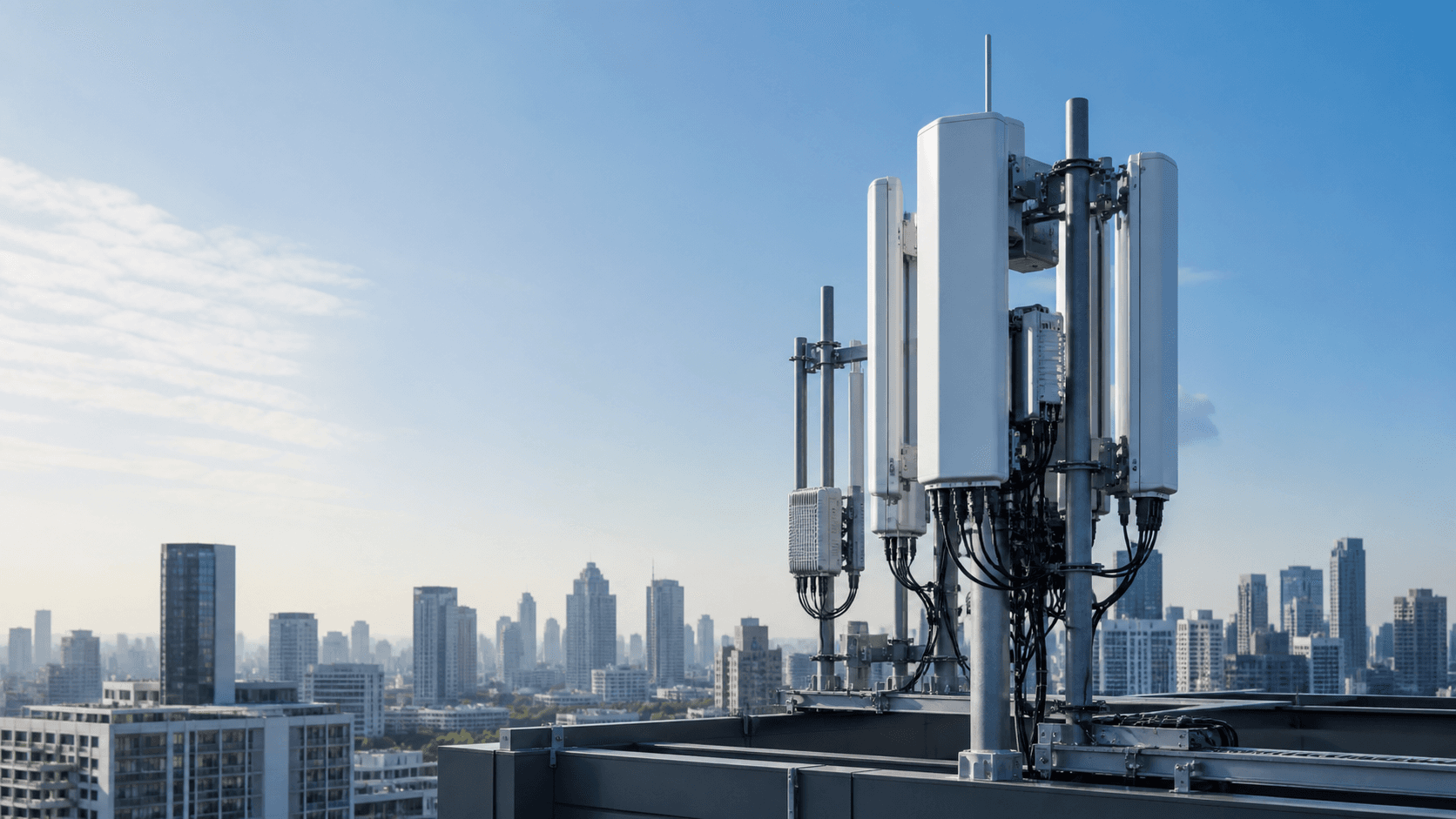 Modern cellular radio antennas and remote radio equipment on a rooftop network site